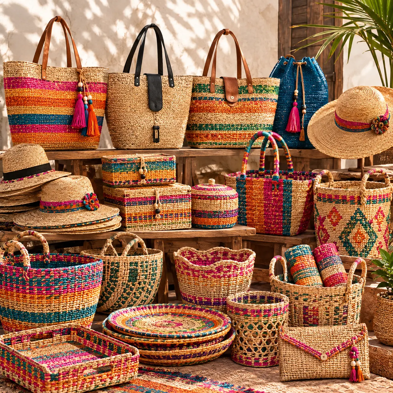 Collection de sacs, chapeaux, tapis et boîtes en raphia coloré de Madagascar