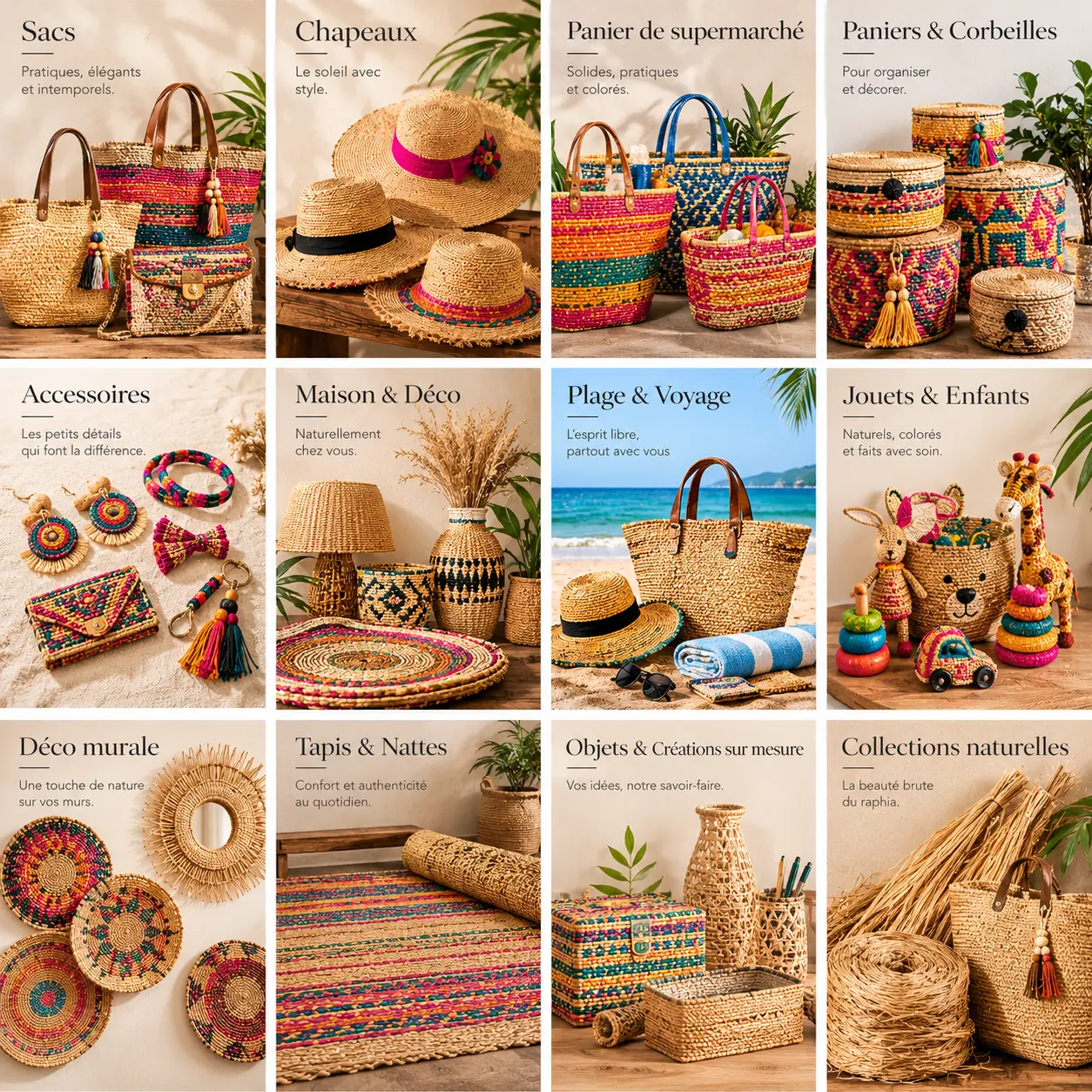 Sacs, chapeaux, paniers, tapis et accessoires en raphia coloré faits main à Madagascar