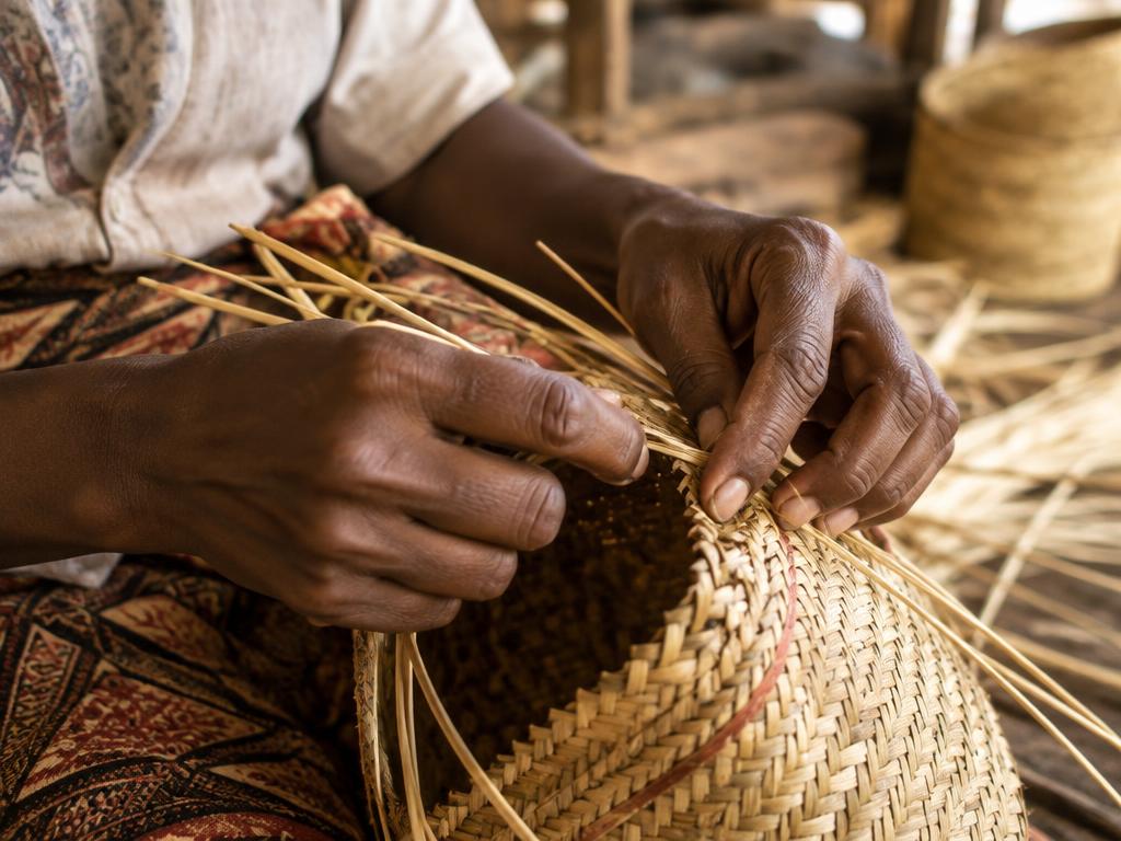 Artisan malgache tressant le raphia